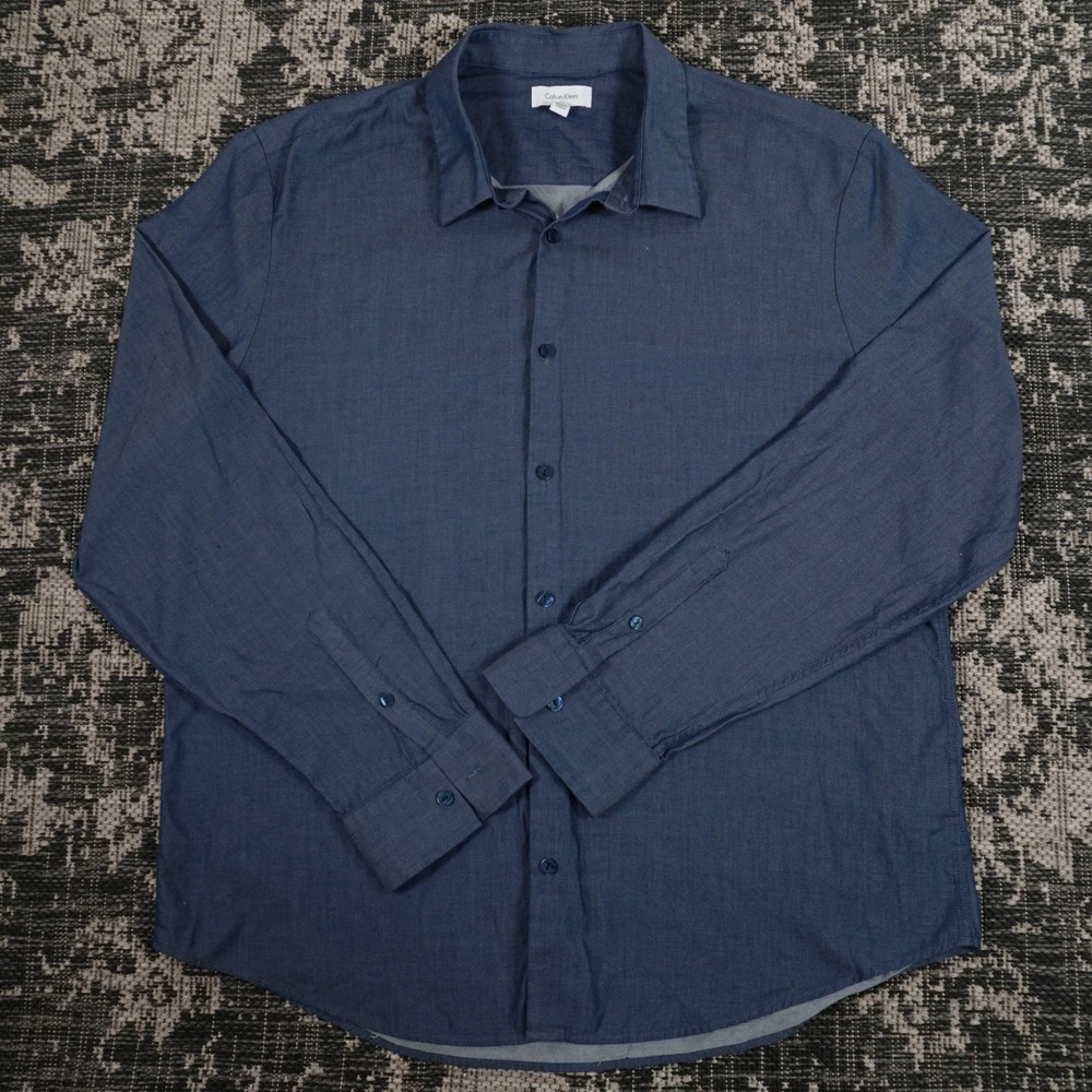 Calvin Klein Men's XL Denim Pattern‎ Button Up Long Sleeve Casual Shirt Blue